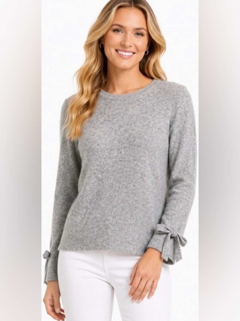 J. McLaughlin Roll Neck Tie Bell Sleeves Baby Alpaca and Wool Blend Gray Sweater